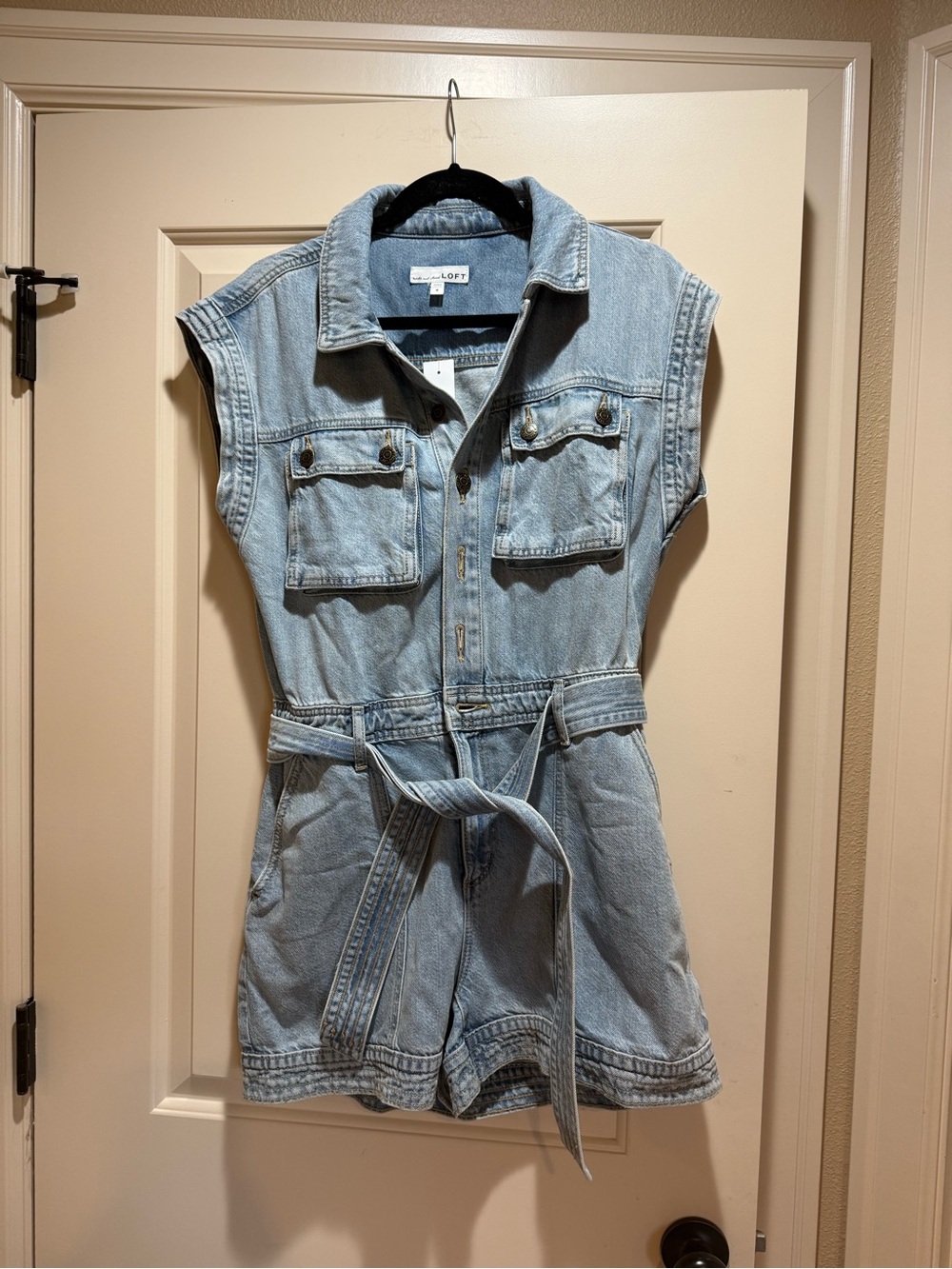 NWT Loft Light Wash Denim Romper with Tie Waist